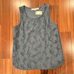 New NWT LOFT Stone Blue Tank Blouse Top Floral Lace Overlay Sleeveless Petite XS